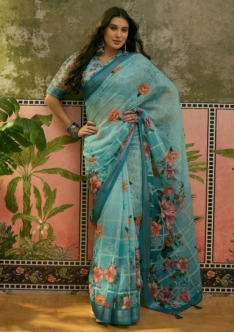 Sky Blue Printed Cotton Saree Set - Indya