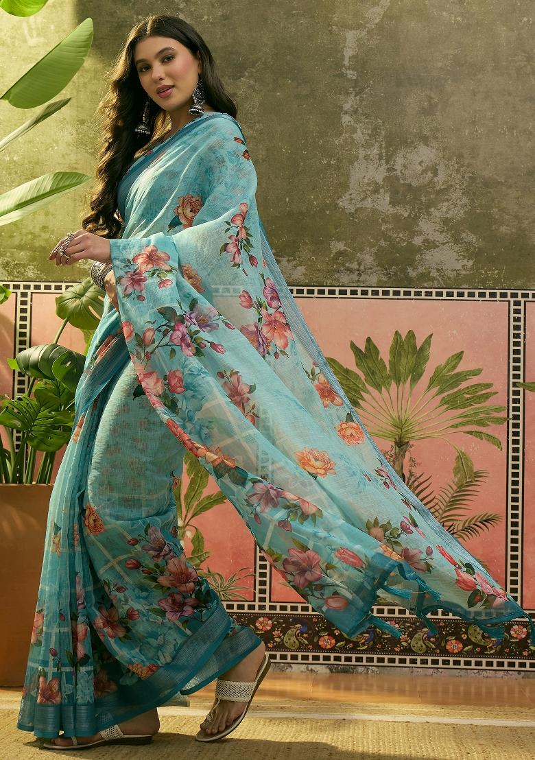 Sky Blue Printed Cotton Saree Set - Indya