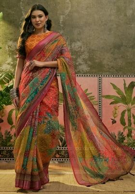 Multicolor Printed Cotton Saree Set