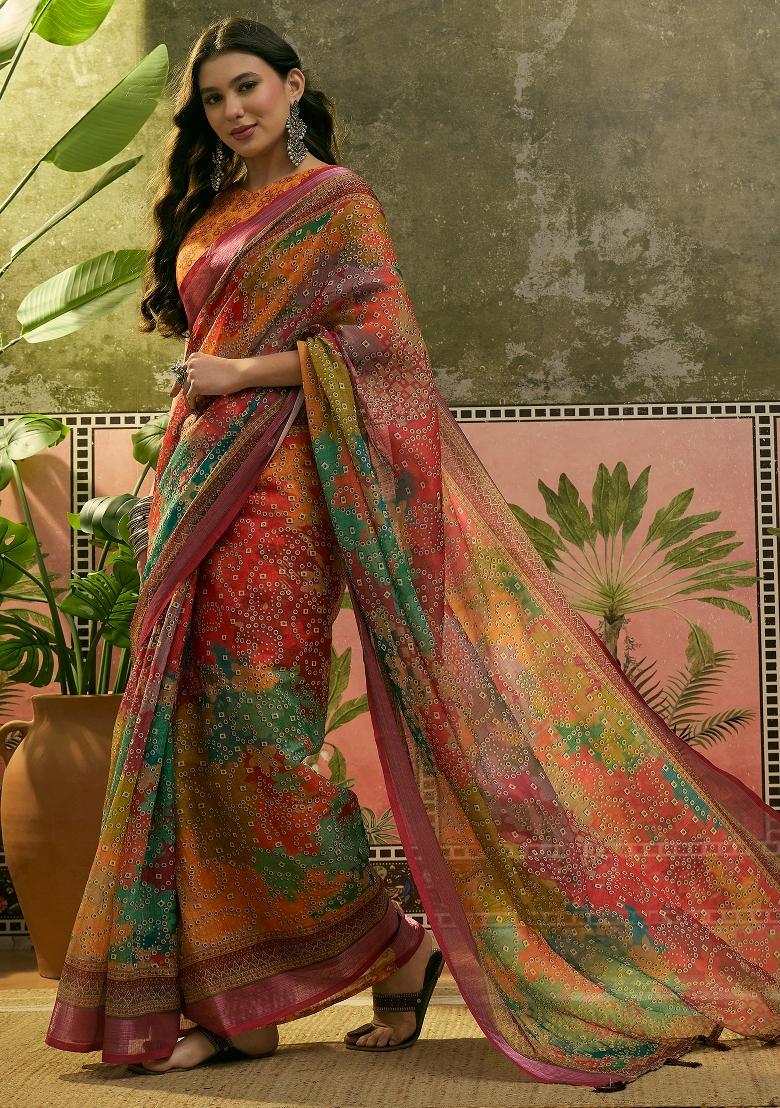 Multicolor Printed Cotton Saree Set - Indya