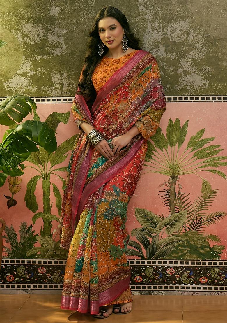 Multicolor Printed Cotton Saree Set - Indya