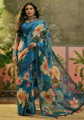 Blue Printed Cotton Saree Set
