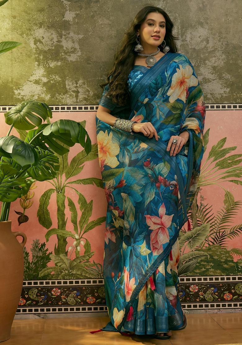Blue Printed Cotton Saree Set - Indya