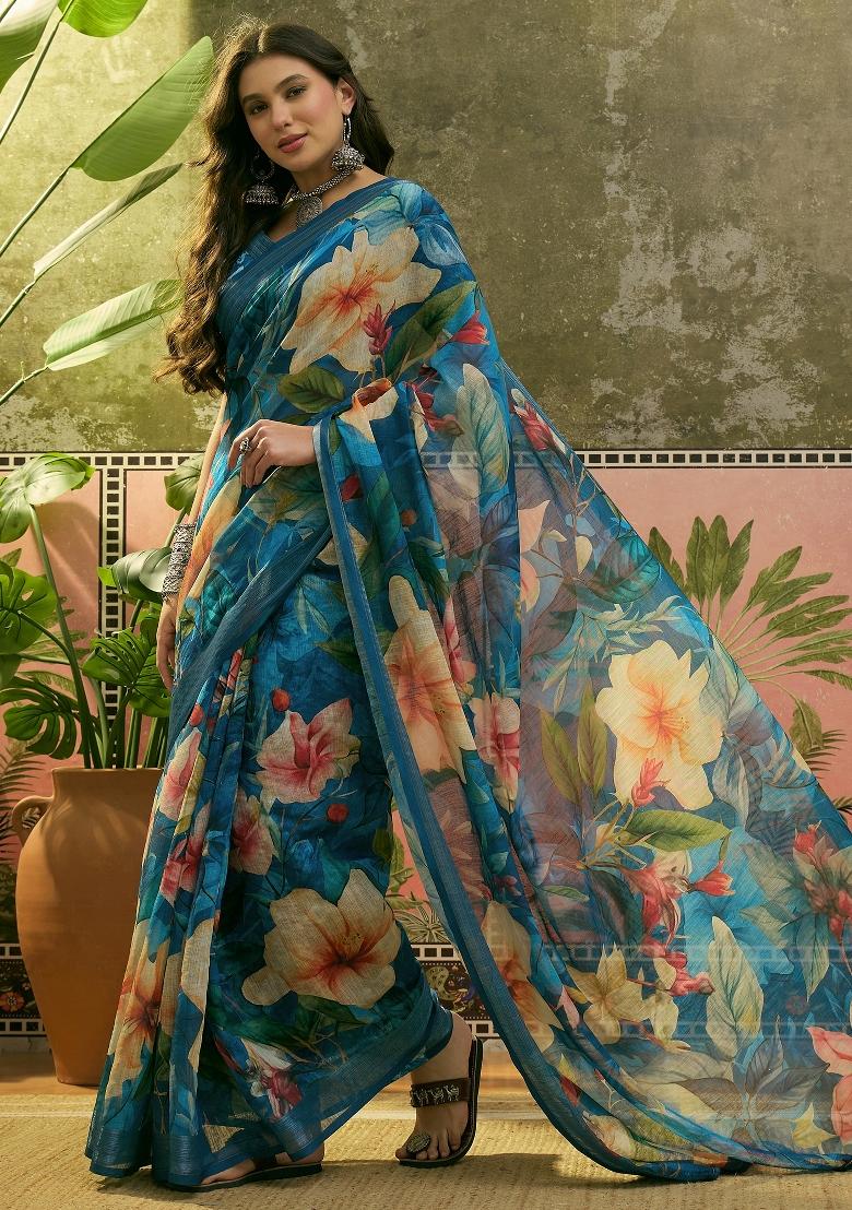 Blue Printed Cotton Saree Set - Indya