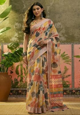 Cream Printed Cotton Saree Set