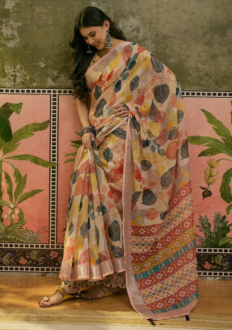Cream Printed Cotton Saree Set - Indya