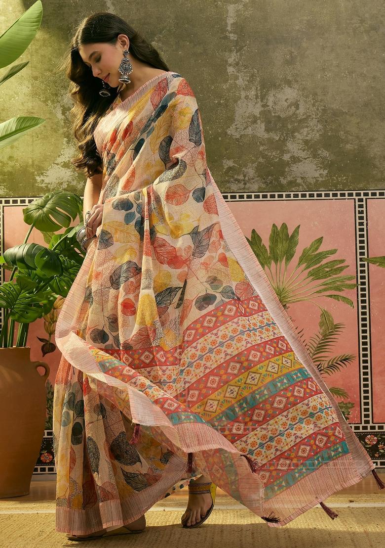 Cream Printed Cotton Saree Set - Indya