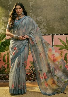 Grey Printed Cotton Saree Set