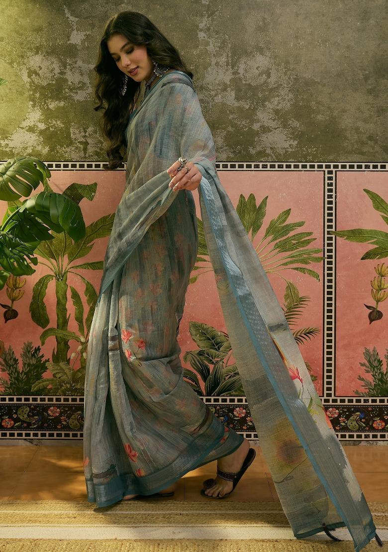 Grey Printed Cotton Saree Set - Indya