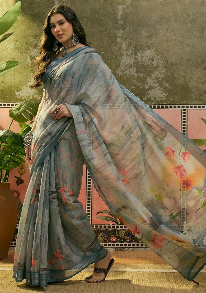 Grey Printed Cotton Saree Set - Indya