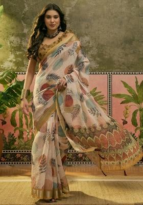 Beige Printed Cotton Saree Set