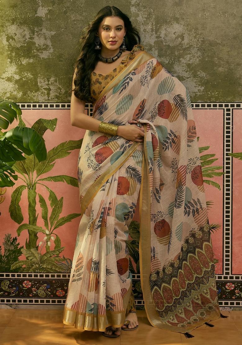 Beige Printed Cotton Saree Set - Indya