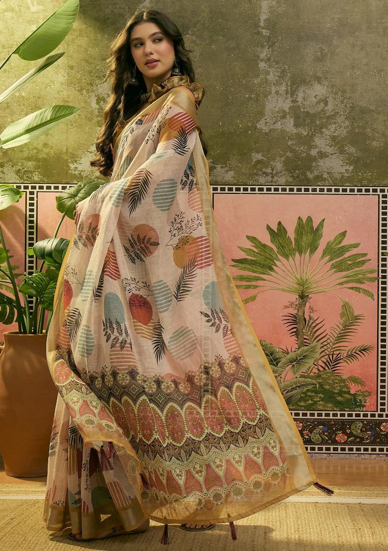 Beige Printed Cotton Saree Set - Indya