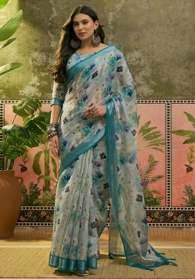 Blue Printed Cotton Saree Set