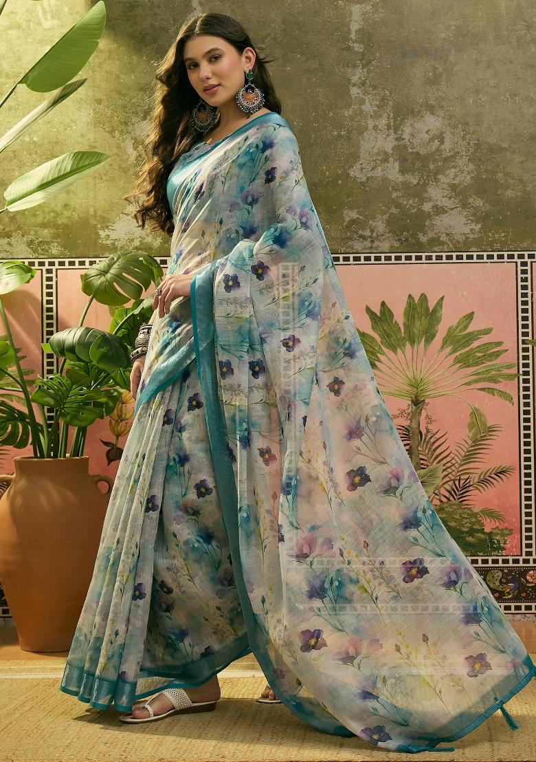 Blue Printed Cotton Saree Set - Indya