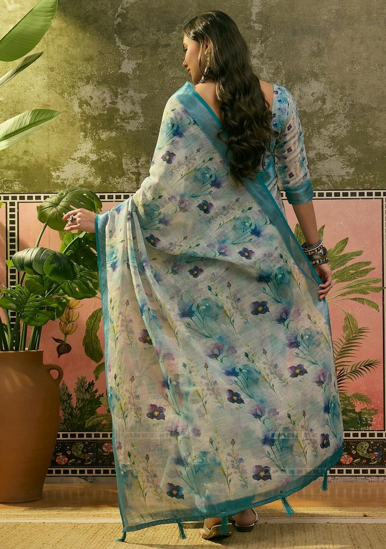 Blue Printed Cotton Saree Set - Indya