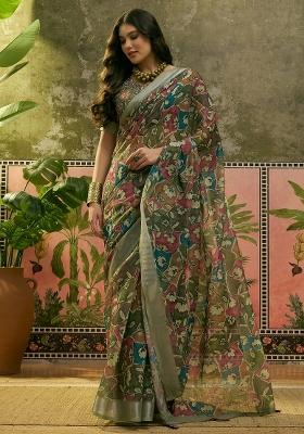 Olive Printed Cotton Saree Set