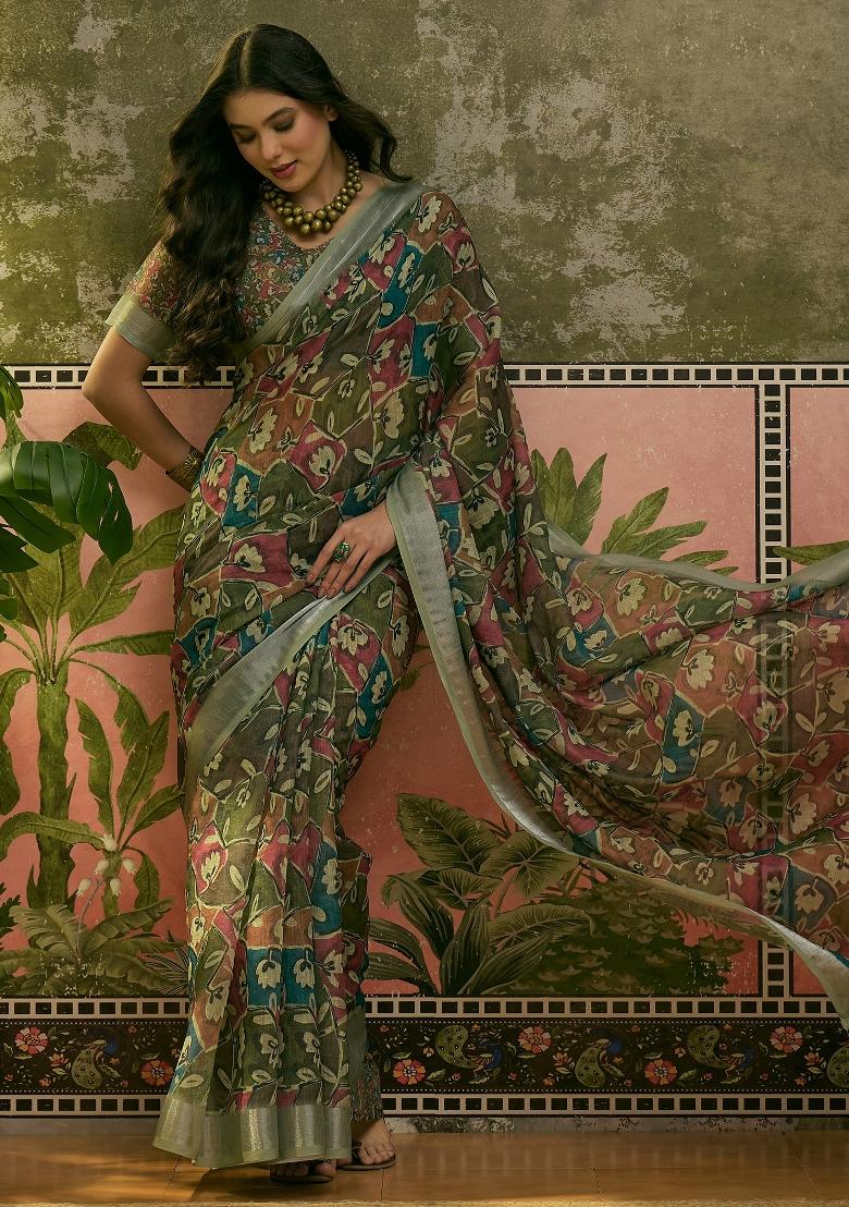 Olive Printed Cotton Saree Set - Indya