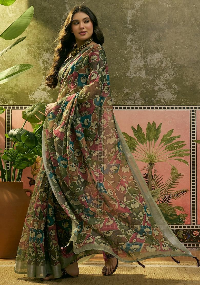 Olive Printed Cotton Saree Set - Indya