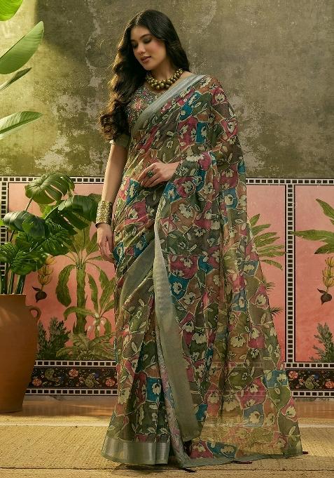 Olive Printed Cotton Saree Set