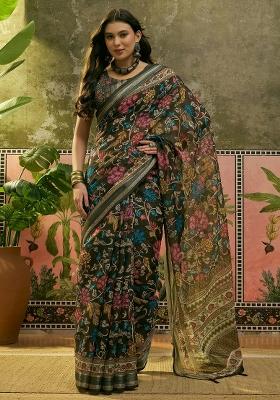 Dark Green Printed Cotton Saree Set