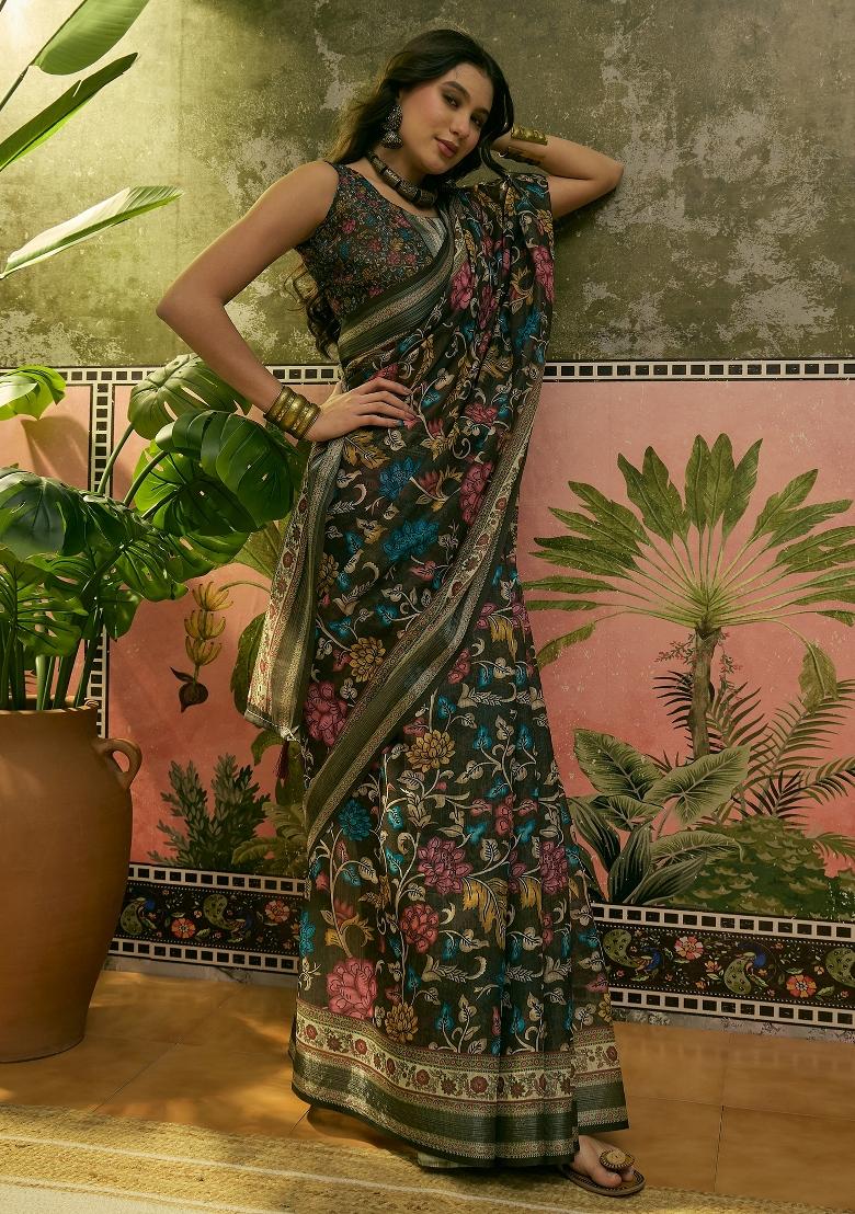 Dark Green Printed Cotton Saree Set - Indya