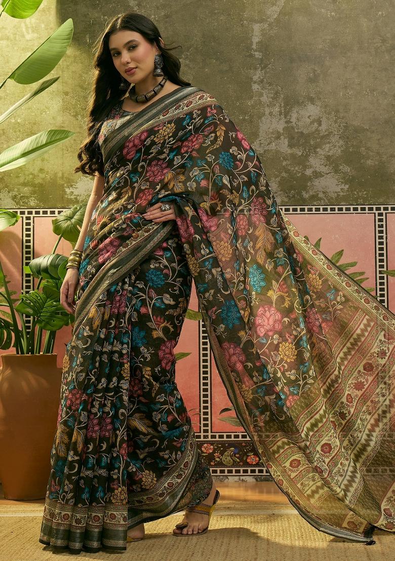 Dark Green Printed Cotton Saree Set - Indya