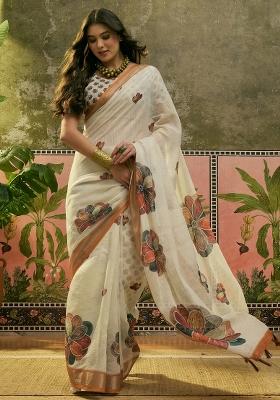 Off White Printed Cotton Saree Set