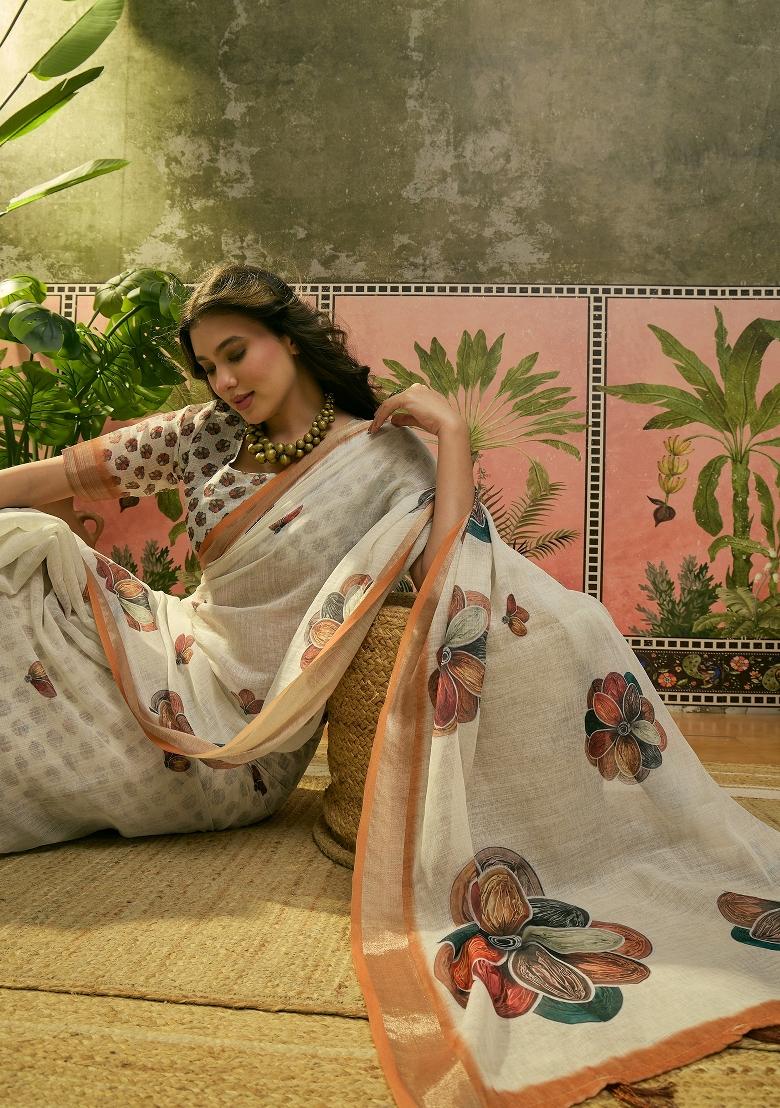 Off White Printed Cotton Saree Set - Indya