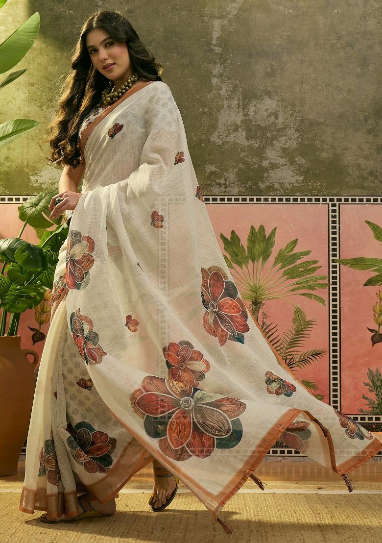 Off White Printed Cotton Saree Set - Indya