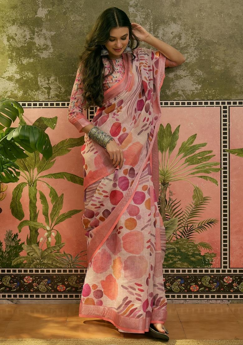 Peach Printed Cotton Saree Set - Indya