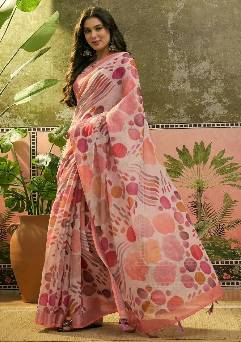 Peach Printed Cotton Saree Set - Indya