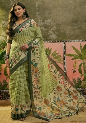 Pista Green Printed Cotton Saree Set
