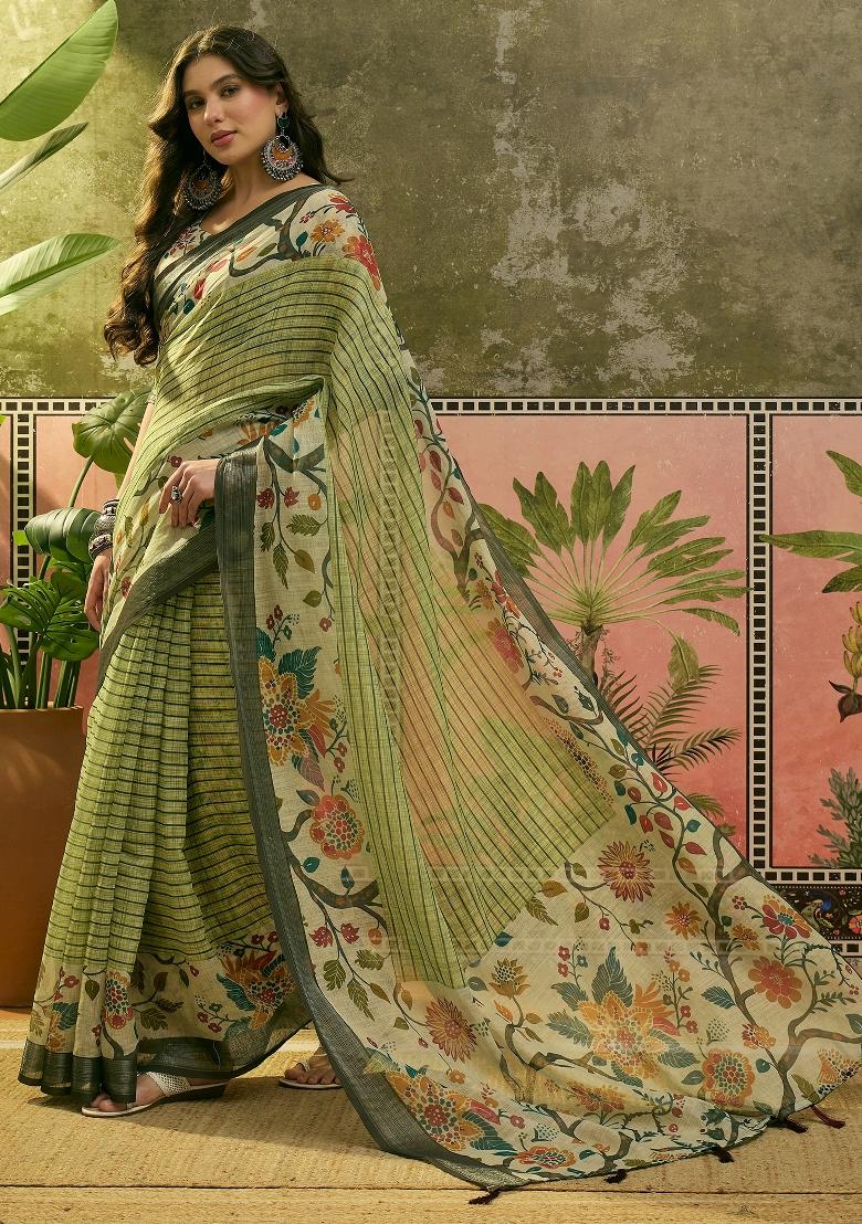 Pista Green Printed Cotton Saree Set - Indya