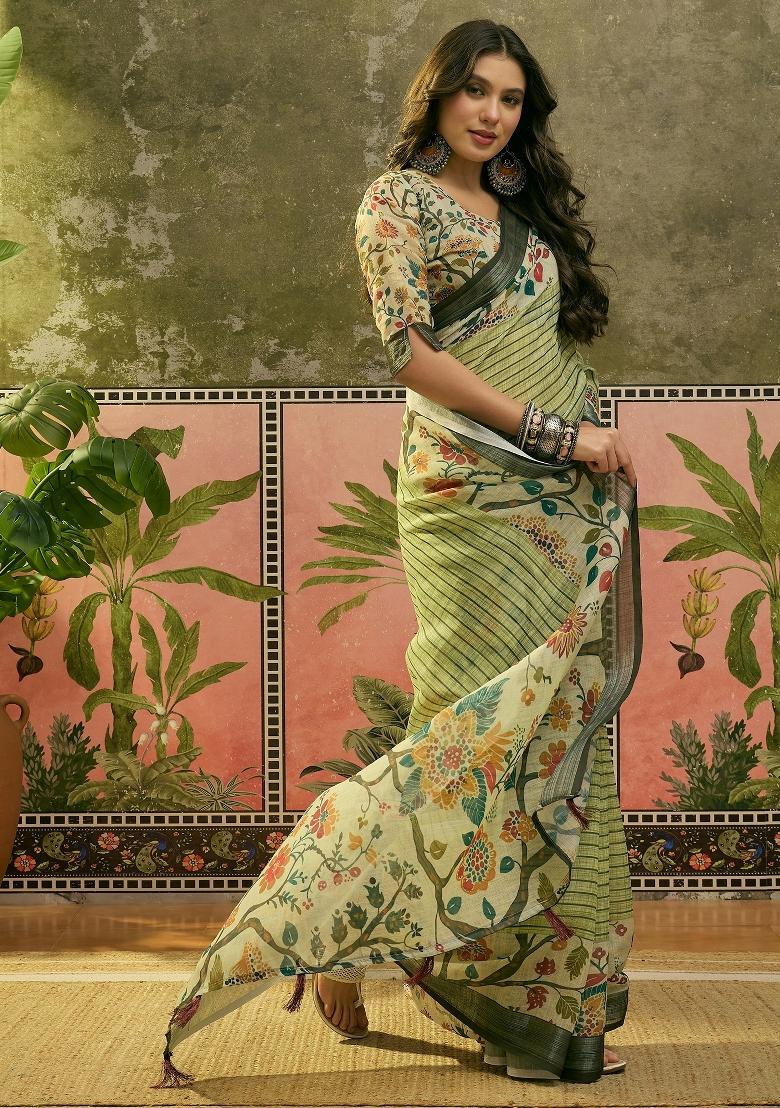 Pista Green Printed Cotton Saree Set - Indya