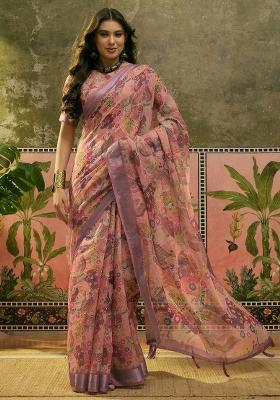 Dusty Pink Printed Cotton Saree Set