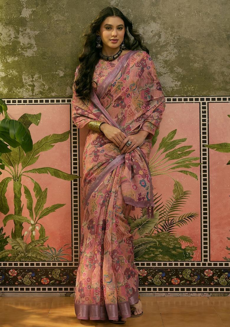 Dusty Pink Printed Cotton Saree Set - Indya
