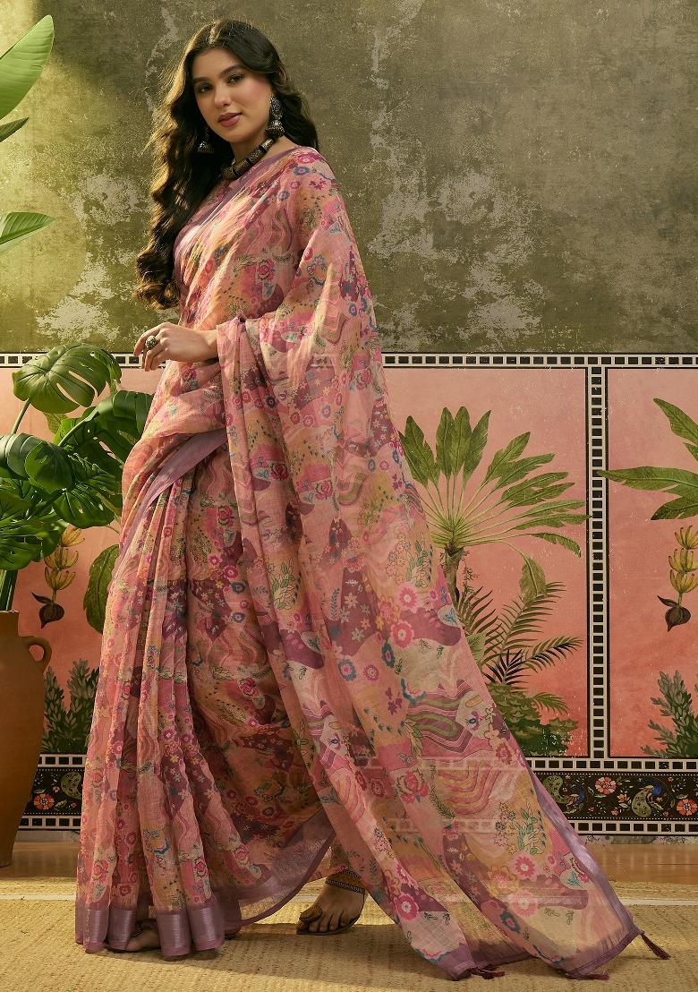 Dusty Pink Printed Cotton Saree Set - Indya
