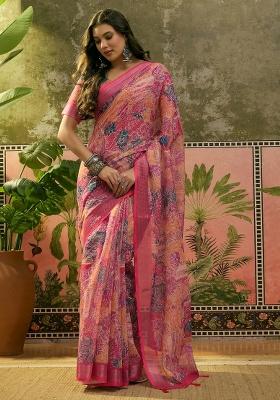 Pink Printed Cotton Saree Set