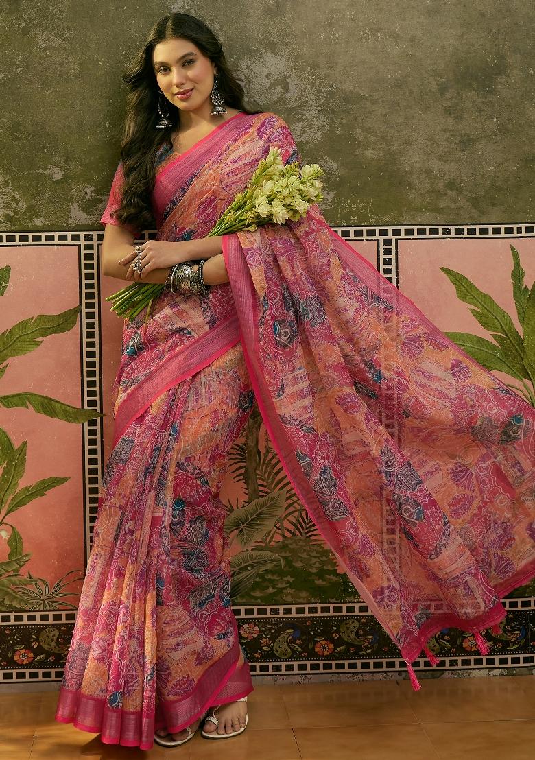 Pink Printed Cotton Saree Set - Indya