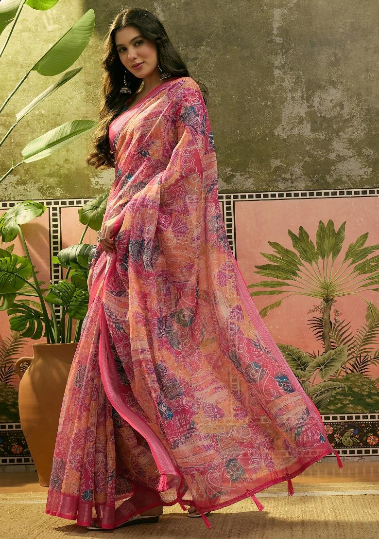 Pink Printed Cotton Saree Set - Indya