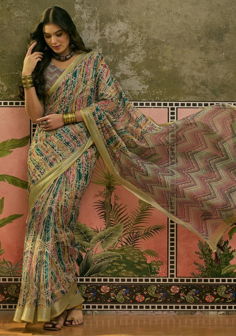 Multicolor Printed Cotton Saree Set - Indya