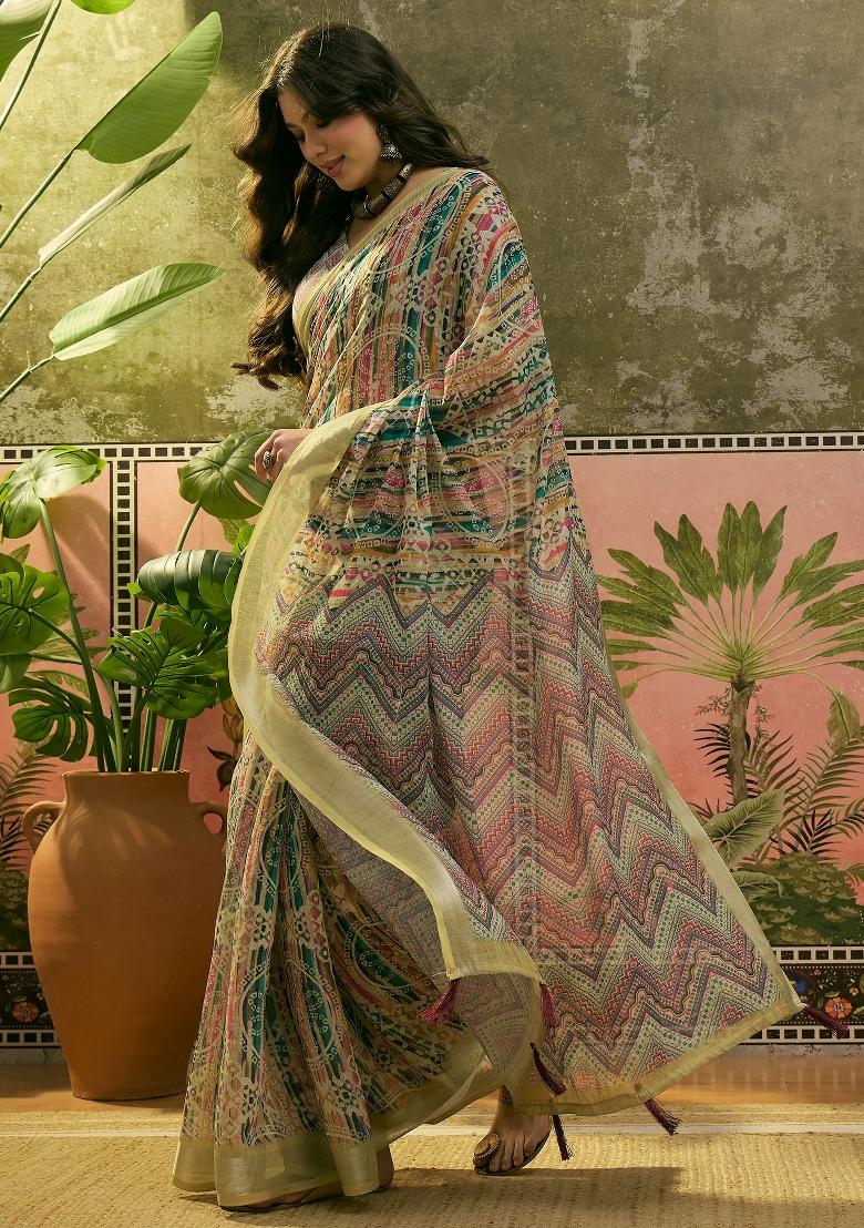 Multicolor Printed Cotton Saree Set - Indya