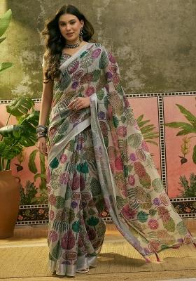 Beige Printed Cotton Saree Set