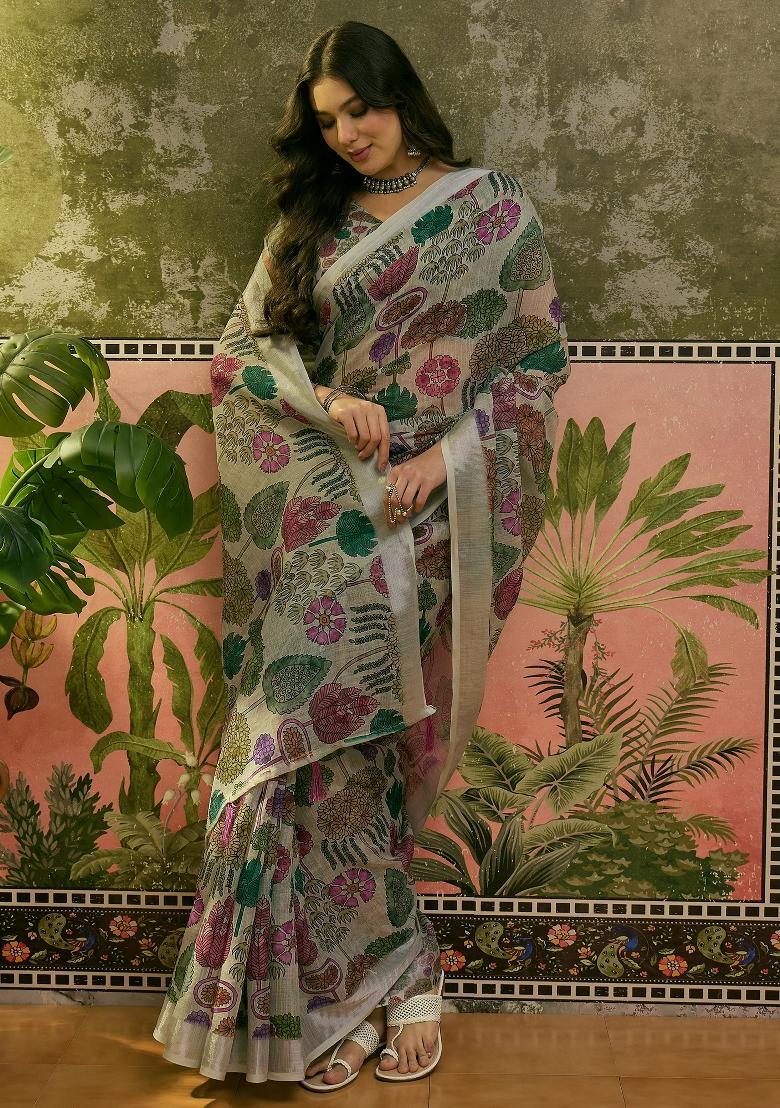 Beige Printed Cotton Saree Set - Indya