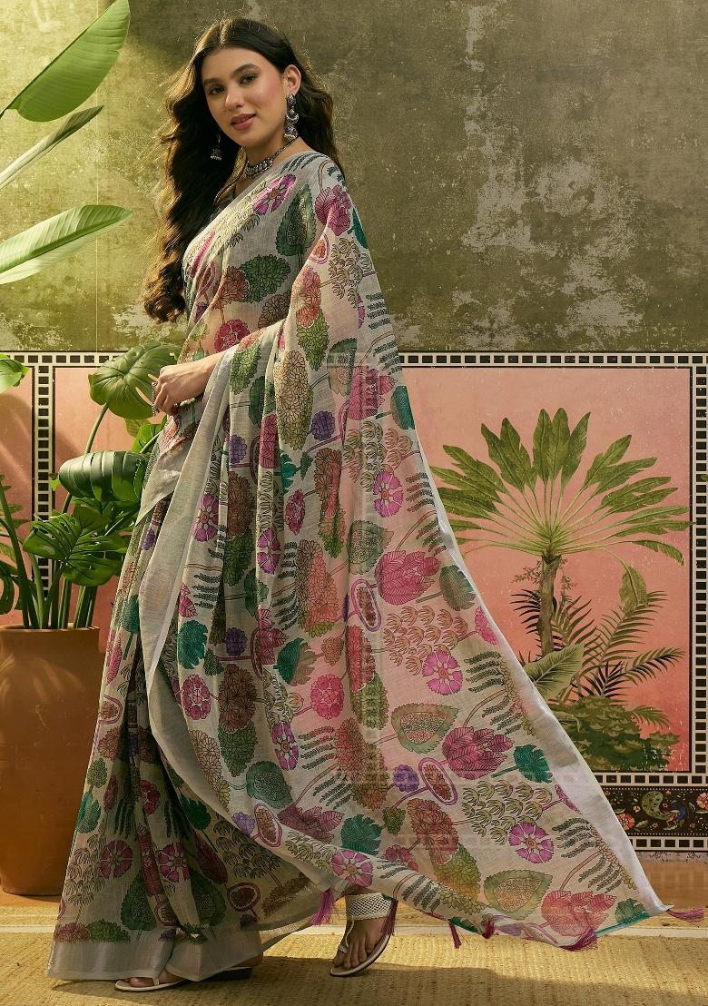 Beige Printed Cotton Saree Set - Indya