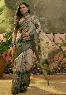Light Green Printed Cotton Saree Set