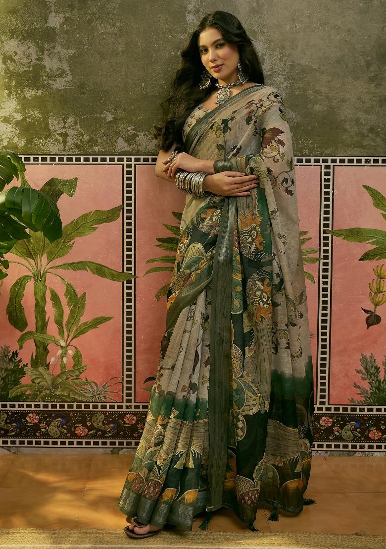 Light Green Printed Cotton Saree Set - Indya