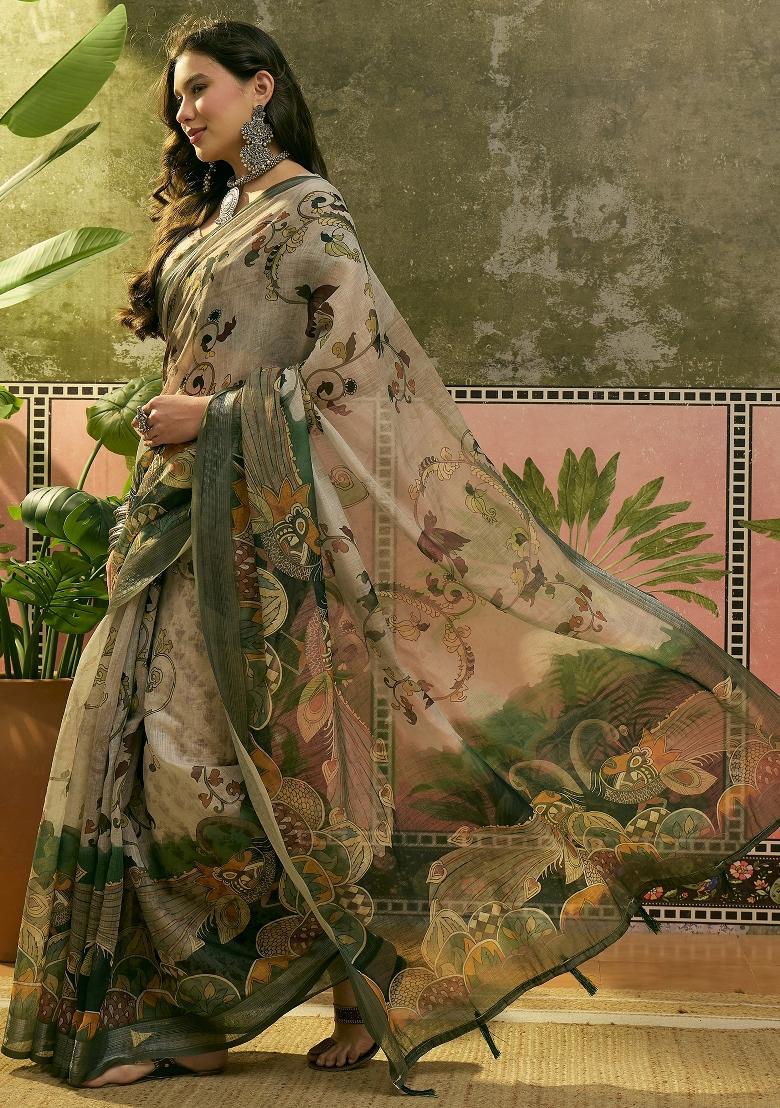 Light Green Printed Cotton Saree Set - Indya