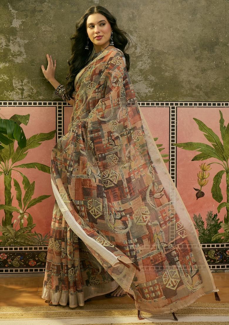 Multicolor Printed Cotton Saree Set - Indya